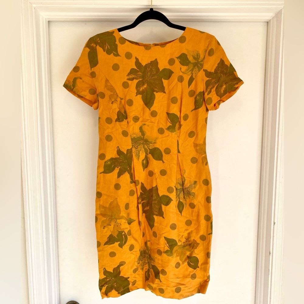 Vintage RIANI Linen Dress Size 6 Sheath Orange Polka Dot Quirky Floral Modest